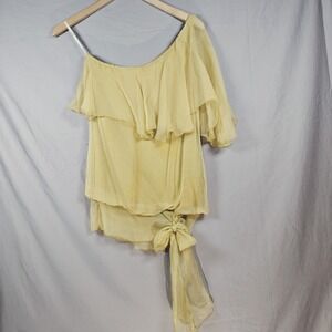 Analili Women's Yellow Ruffle One Shoulder Tiered Side Tie Silk Georgette Top Xs